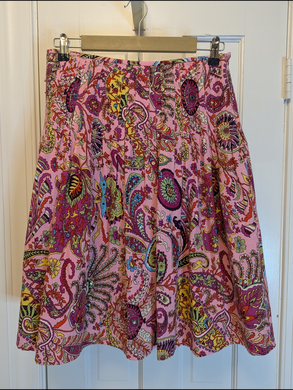 Ice Paisley A-Line Skirt with Multicolor Print W/ Rhinestone And Bead Detail